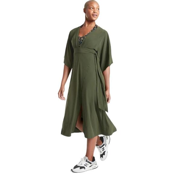 Athleta Calistoga Wrap Coverup Dress Green Stretch Kimono Sleeves Size Medium P - Picture 1 of 14